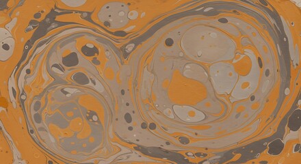 Handmade marbled paper with abstract orange and grey swirls. Traditional ebru art technique creating a unique, textured, and organic pattern for design