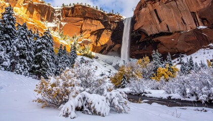 Winter waterfall cascading through red rock canyon