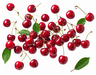 Ripe red cherry fruit with green leaves isolated on white background, fresh and juicy summer berries with shiny skin and stems, healthy natural snack full of vitamins