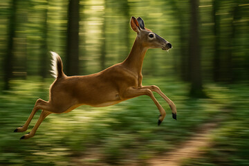 Graceful White-Tailed Deer Leaping Through Green Forest with Motion Blur