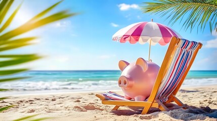 Pink piggy bank relaxing in beach chair under umbrella enjoying summer vacation
