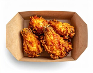 Fried chicken wings in a brown cardboard takeout container