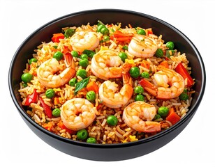Shrimp fried rice, peas, carrots, peppers in black bowl