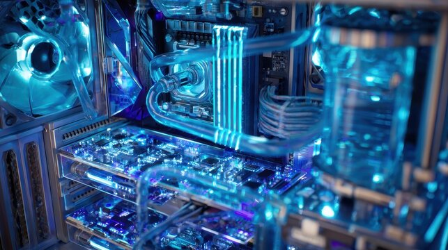 Futuristic Blue Liquid-Cooled PC Rig with Glowing Components and Intricate Tubing.