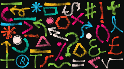 Neon colored punctuation signs drawn with a bold brush. exclamation and question marks, grids and various signs. Vector highlighters, hand drawn underlines, typography symbols.eps