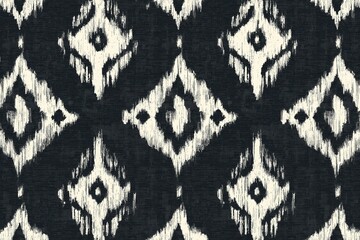 A stylish black and white fabric pattern featuring geometric diamond shapes, ideal for upholstery and interior design.