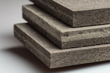 A close-up image of stacked, textured gray materials, showcasing their surfaces and edges with a focus on detail and depth.