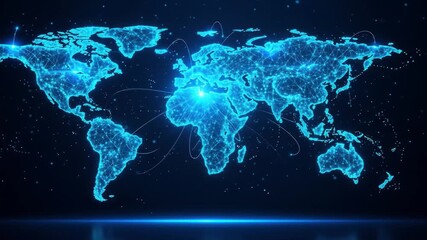 Digital world map with glowing blue connections representing global network and technology. - Powered by Adobe
