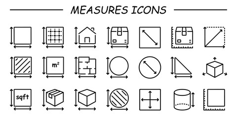Dimension, area and perimeter measure concept outline icons set isolated on white background flat vector illustration.