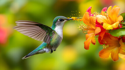 Fototapeta premium Hummingbird feeding on orange vibrant flower nectar