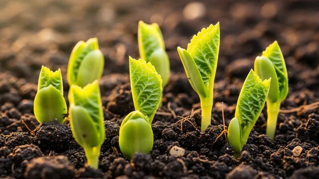 Emerging seedlings sprouting from the soil in the warm sunlight