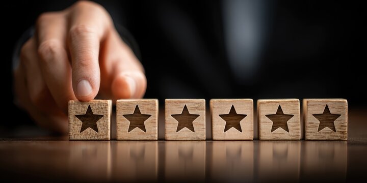 A hand arranges star-shaped blocks. Focus is on the blocks with stars, symbol of quality assessment