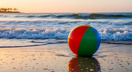 Obraz premium Beach Ball on Sandy Shore at Sunrise.
