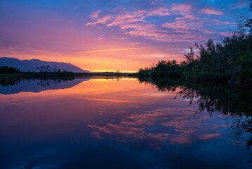 beautiful sunset on island of Hrisey in Iceland