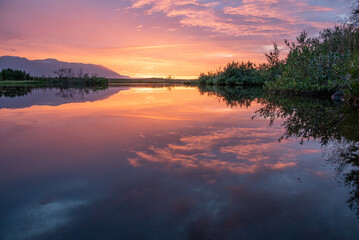 beautiful sunset on island of Hrisey in Iceland