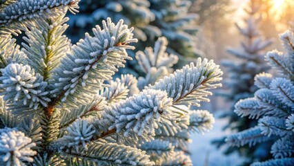 Snow-covered evergreen trees stand tall with delicate frost formations on their branches and trunks, creating a serene winter landscape , cold weather, nature