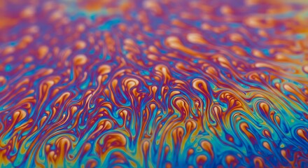 Colorful abstract background with flowing organic shapes in orange, blue, and purple. A beautiful macro image of a soap bubble surface for design projects.