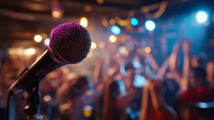 Microphone center stage at lively concert venue. AI image