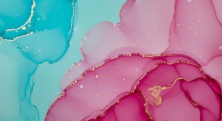 Elegant fluid art texture featuring a stunning mix of turquoise, pink, and gold. Ethereal and luxurious wallpaper for creative design projects