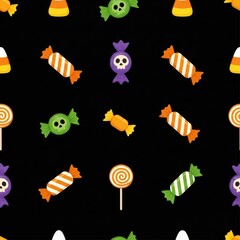 A seamless pattern of assorted Halloween candies and lollipops on a black background