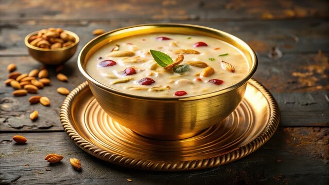 Traditional Kerala palada payasam dessert in a golden metal bowl, kerala food, traditional Kerala desserts