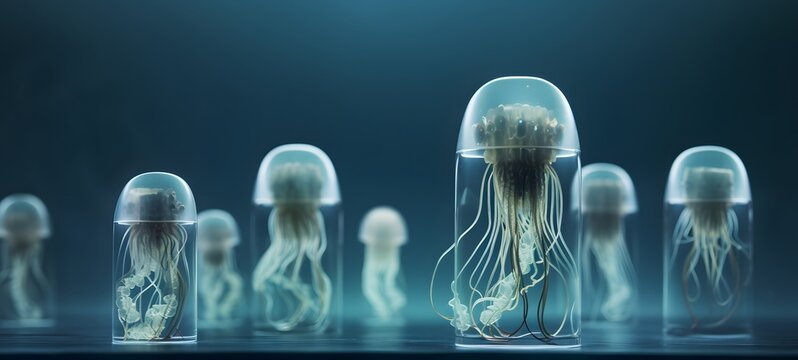 Tiny figures from life jellyfish,generative AI