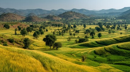 Lush rolling hills under golden sunlight in serene valley. AI image
