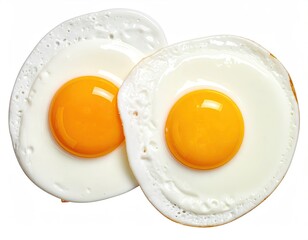 Two sunny-side up eggs sit on white. Simple, appetizing