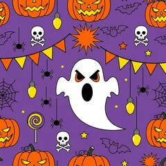 Spooky Halloween pattern with carved pumpkins ghosts bats spiders skulls and party lights