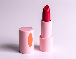 Open lipstick tube, pink casing, red hue on a white surface