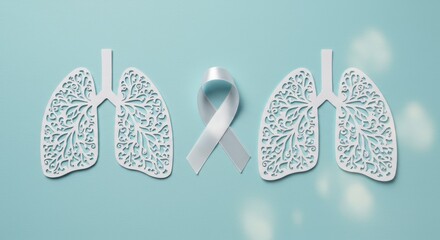 White awareness ribbon and lung cutout against blue background