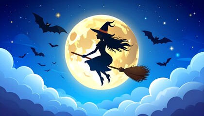 Witch flying on a broom at night