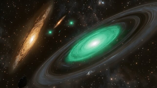 Spectacular green spiral galaxy and other galaxies in deep space