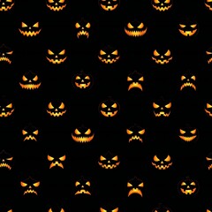 A repeating pattern of glowing jack o' lantern faces with varied expressions on a black background