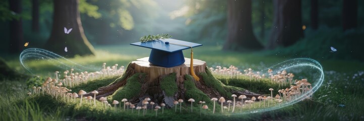 Graduation Cap on Tree Stump in Magical Forest, Symbolizing Academic Achievement, Growth, Nature, and New Beginnings