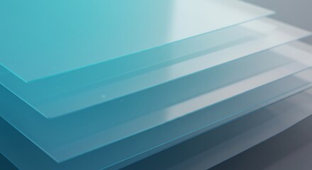 Abstract teal gradient with transparent glass rectangles and soft bokeh lights, geometric background for technology, UI and presentation design.