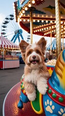 Happy Fluffy Dog Enjoying Carousel Ride at Colorful Amusement Park with Ferris Wheel in Background, Festive and Joyful Atmosphere