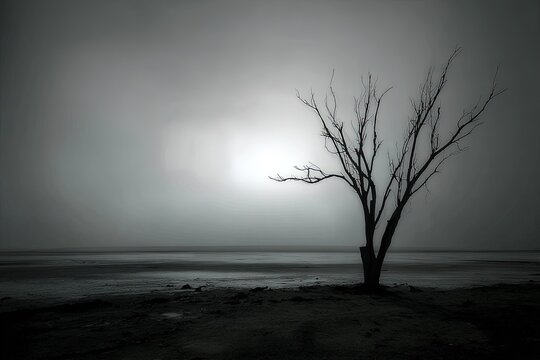 Monochrome Lonely Tree On Foggy Beach - Powered by Adobe