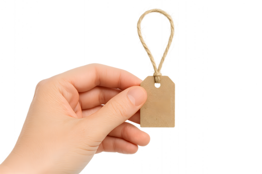 A hand holding a blank price tag, ready for customization