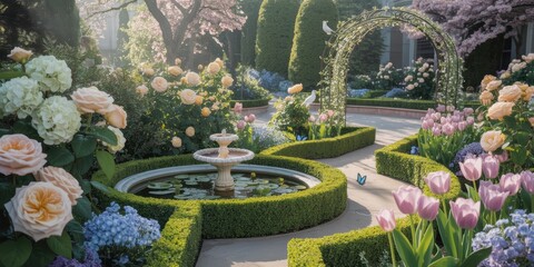 Elegant Formal Garden with Flowering Shrubs, Stone Fountain, and Archway in Sunlight - Tranquil Spring Floral Landscape