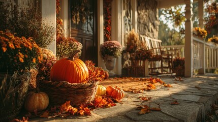 Golden Autumn Sunlight Drapes a Rustic Porch Adorned with Harvest Pumpkins.