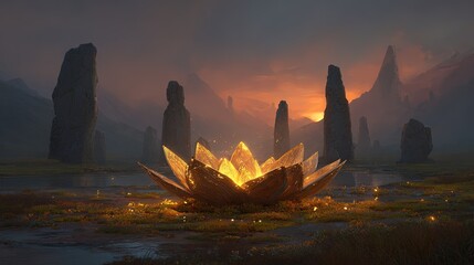 Golden Crystal Lotus Flower In Fantasy Landscape