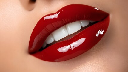 Obraz premium Glamorous red lips with white teeth close up studio shot beauty concept