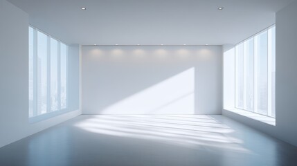 Fototapeta premium Minimalist Empty White Room with Dramatic Sunlight and Shadow Play.