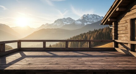 Wooden terrace overlooking snowcapped mountains in the morning sunlight