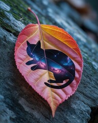 Autumn Leaf with Cat Silhouette and Galaxy Sky Double Exposure on Stone Background - Surreal Nature and Animal Concept Art