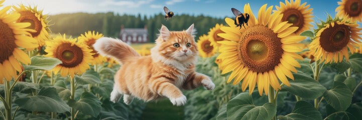 Playful Ginger Cat in Sunny Sunflower Field with Bees, Rural Landscape, Blue Sky, and Countryside Cottage at Sunrise