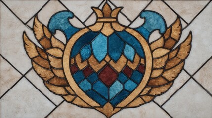 Stained Glass Artwork Depicting an Abstract Design with Wings and Crown