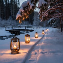 Winter Evening with Lanterns Lighting Snowy Path in Peaceful Forest Landscape, Bridge over Frozen Creek, Tranquil Holiday Scene