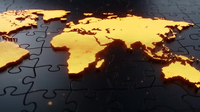 A close-up, high-angle view of a golden world map puzzle with interlocking pieces on a dark background.